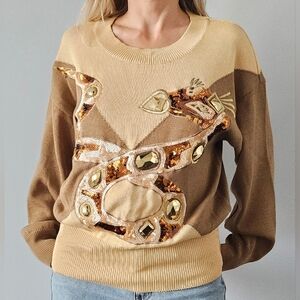 Vtg ESCADA By Margaretha Ley Jeweled Snake 100% Cotton Pullover Sweater Sz 34